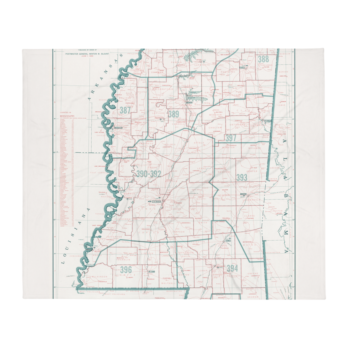 Vintage Mississippi Map Throw Blanket